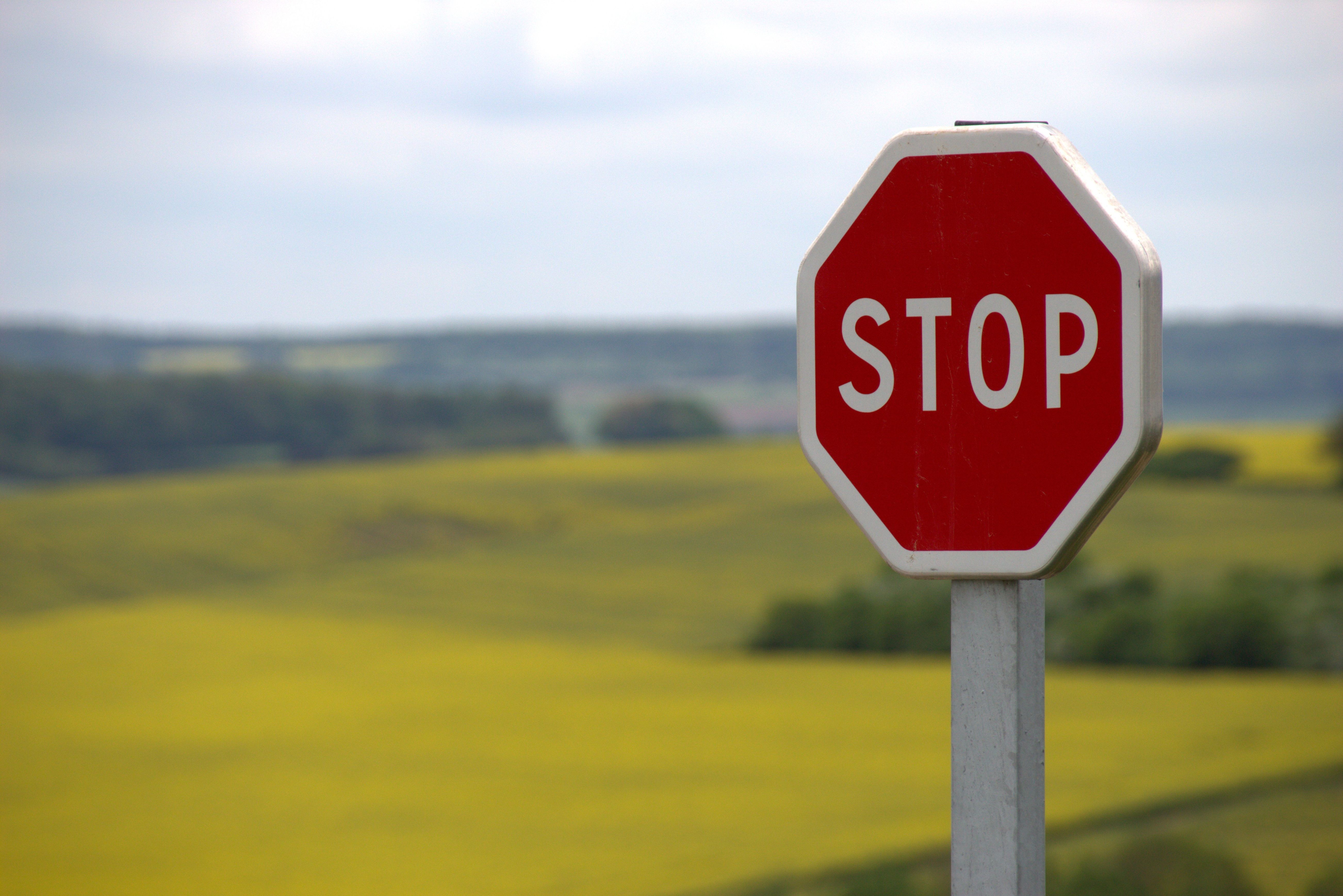 一面に広がる畑と「STOP」の標識